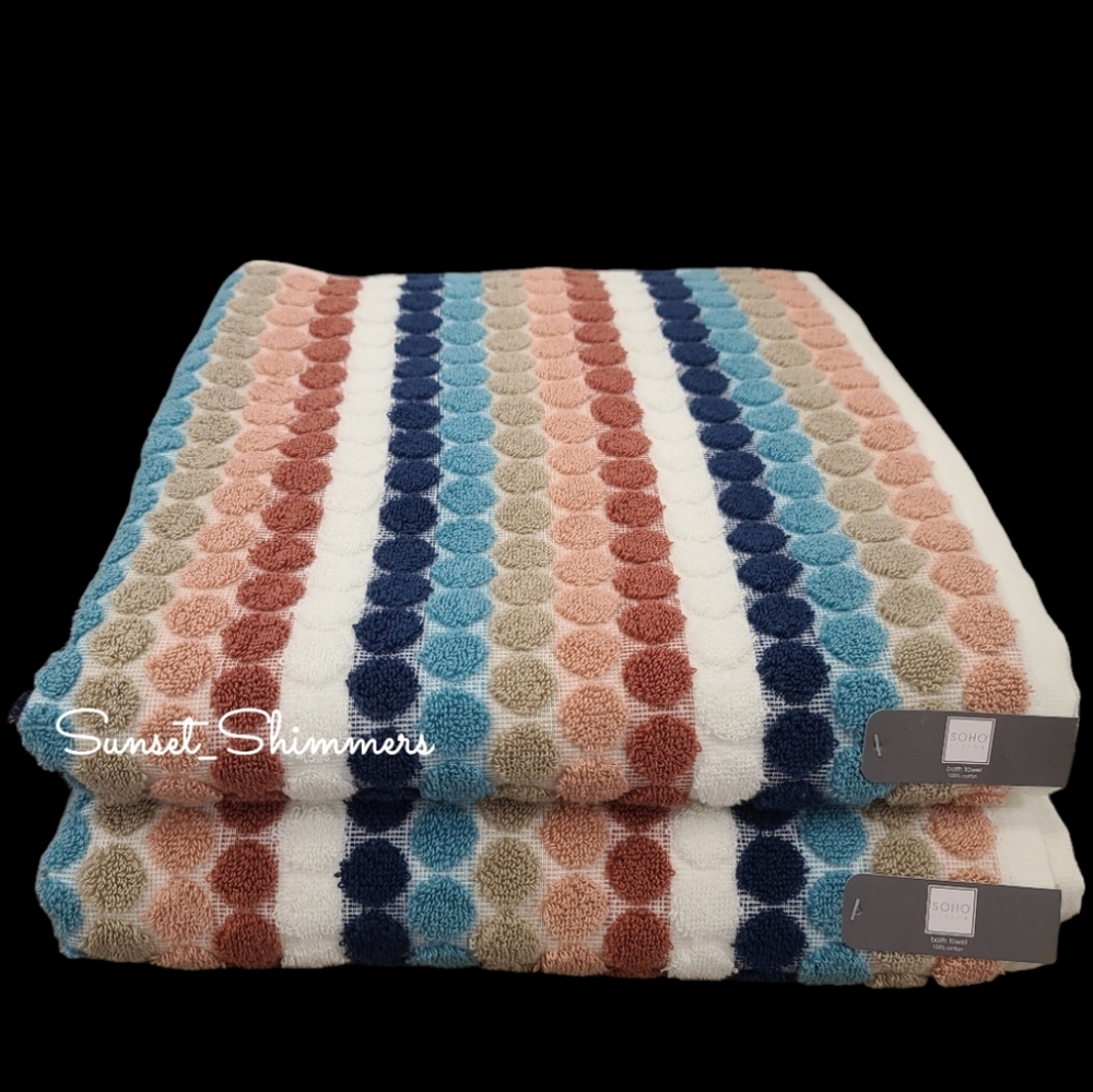 2pc Soho Living Colorful Striped Dot Bath Towel Set 100% Cotton New